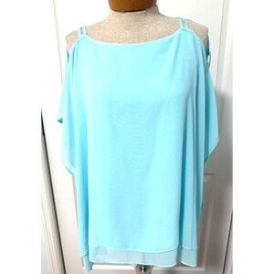 NEW JM COLLECTION Women's Overlay Blouse Sz PM Petite Rhinestones Cold Shoulder